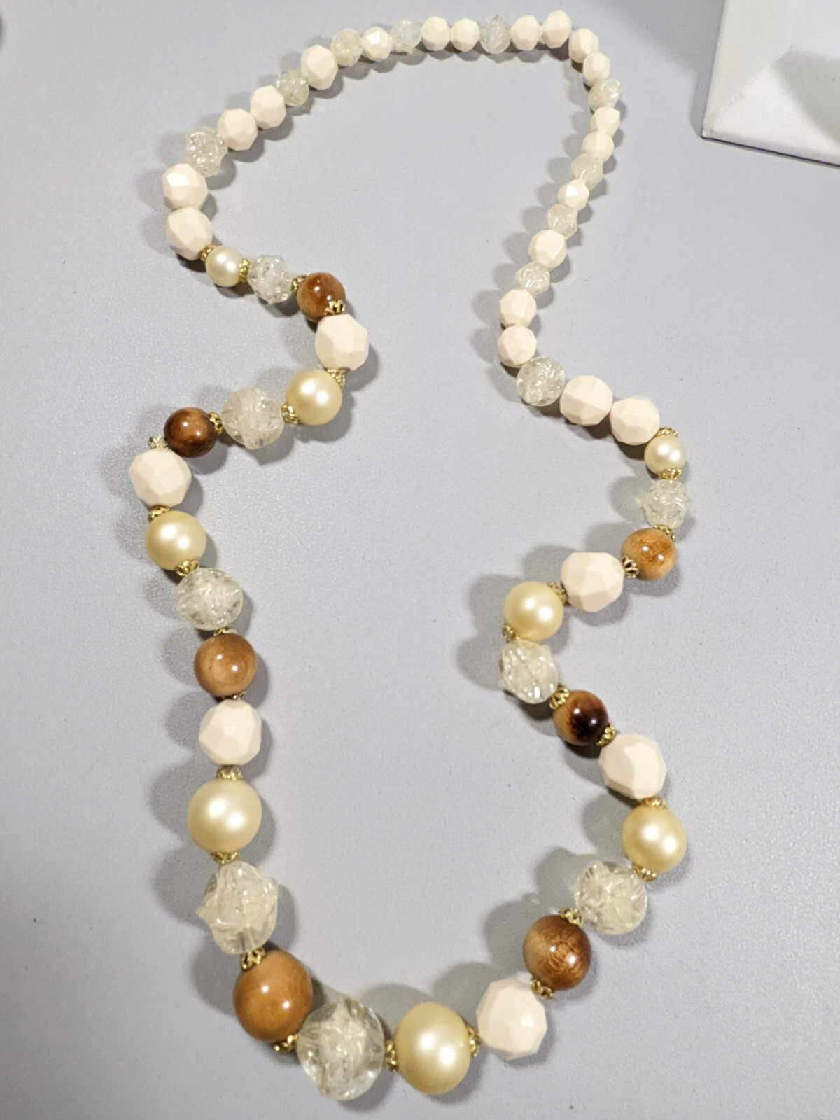 Vintage Ivory Color Brown wood Acrylic Faux Pearl Statement Necklace 28 inches