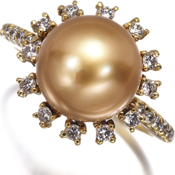 Golden South Sea Pearl 10.0-10.1mm Diamond 0.38ct Flower Ring 18K YG