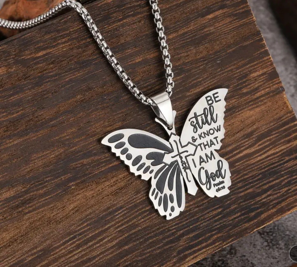 Butterfly Cross Scripture Pendant Silver Chain Necklace