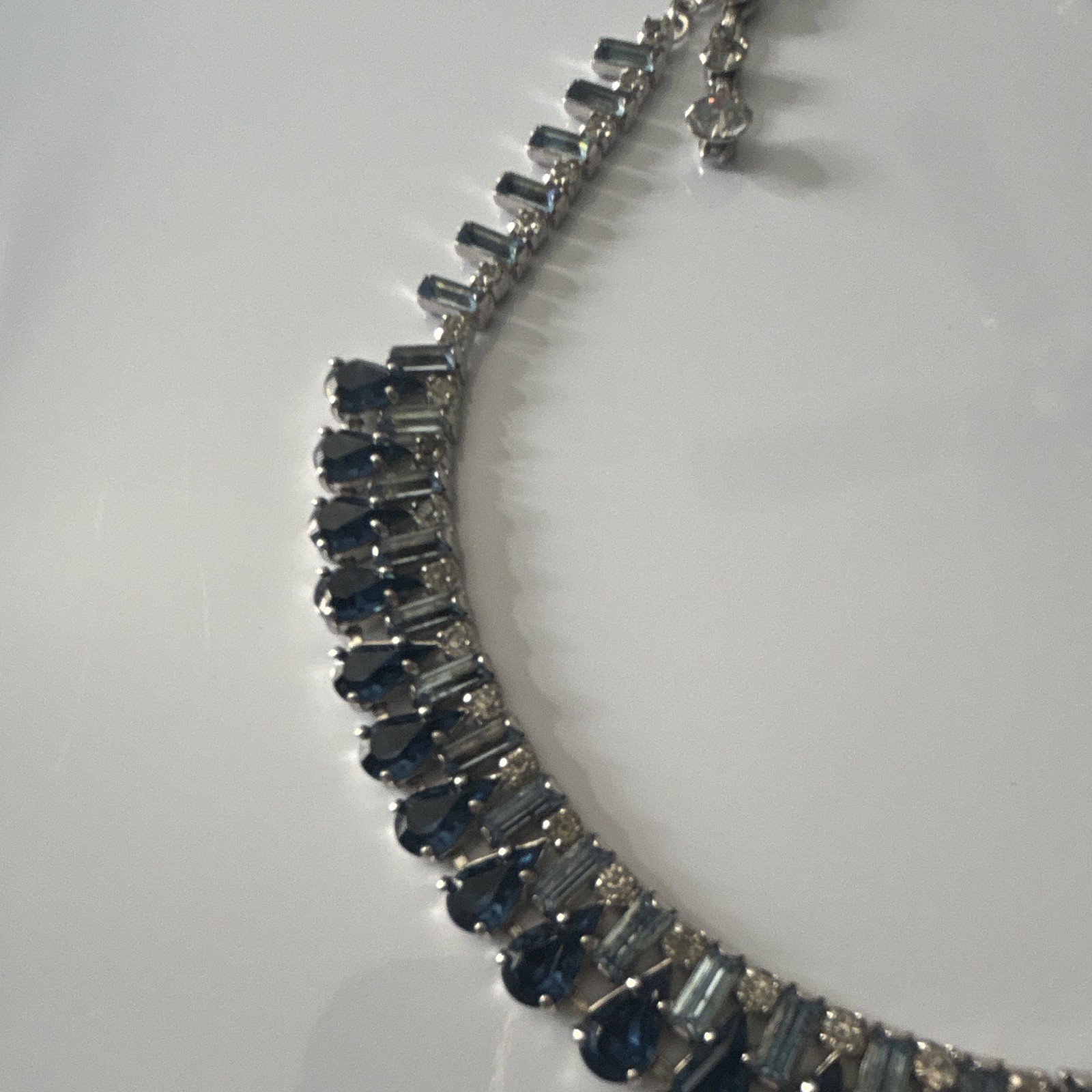 Silver Tone Blue Crystal Rhinestone Tennis Necklace Lobster Adjustable