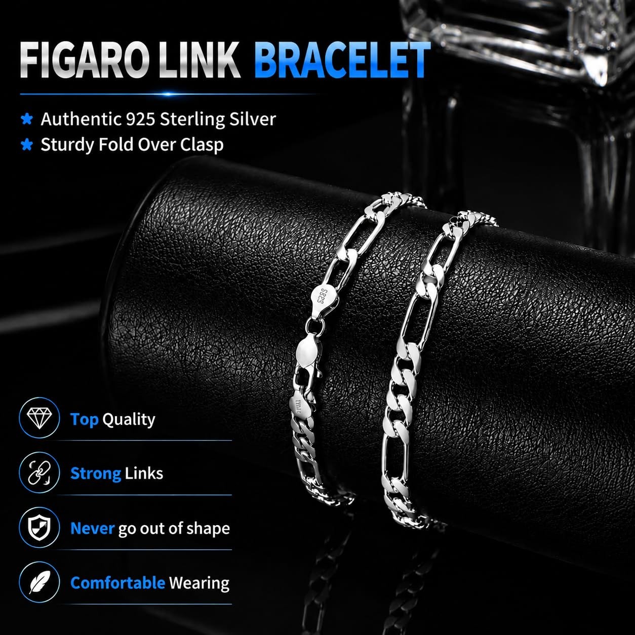 Waitsoul 5MM sterling silver Figaro Bracelet 925 Silver Link Chain Bracelet