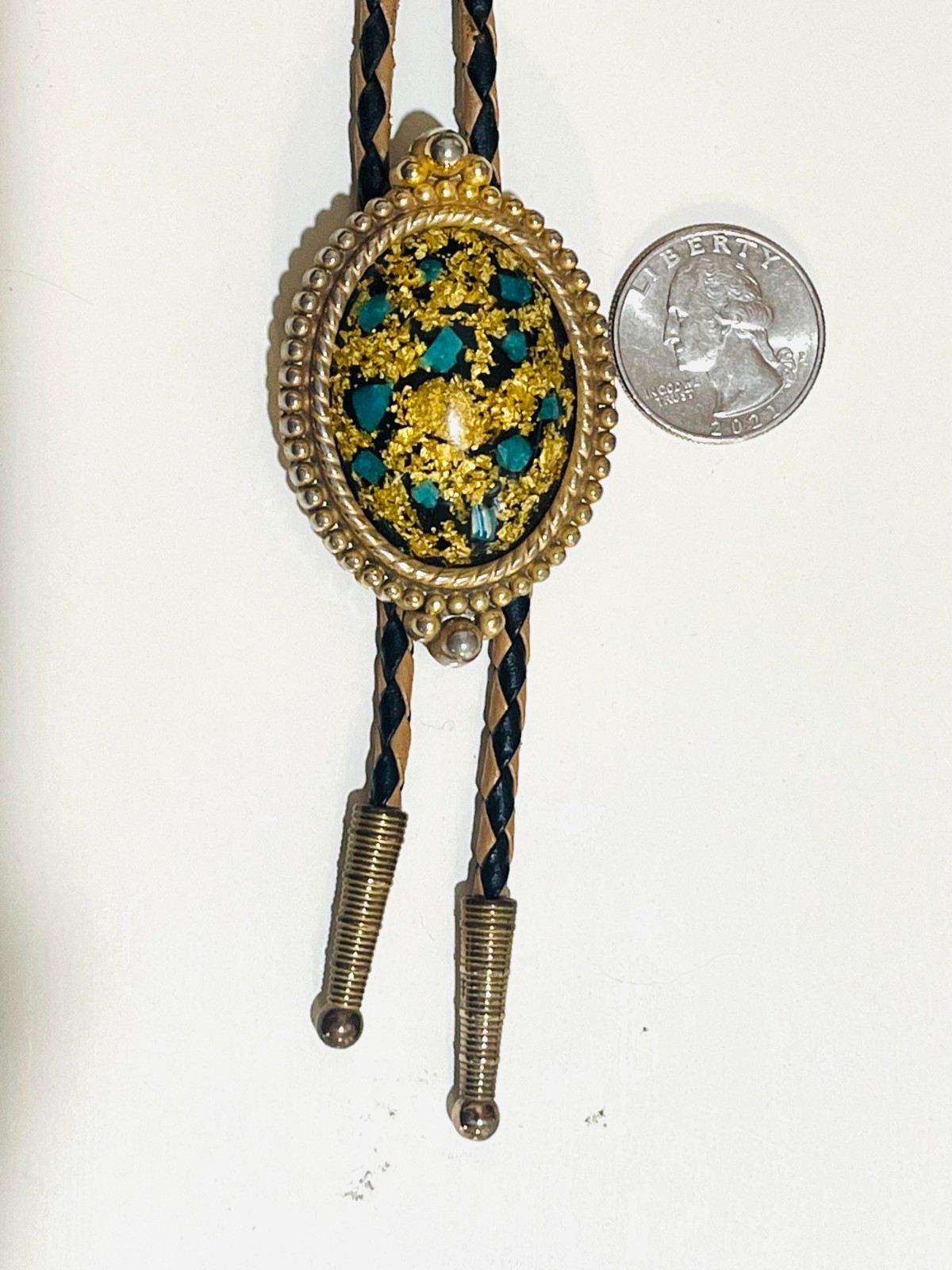 Vintage Mid Century Lucite Turquoise Chips Gold Flake Foil Western Bolo Tie MCM