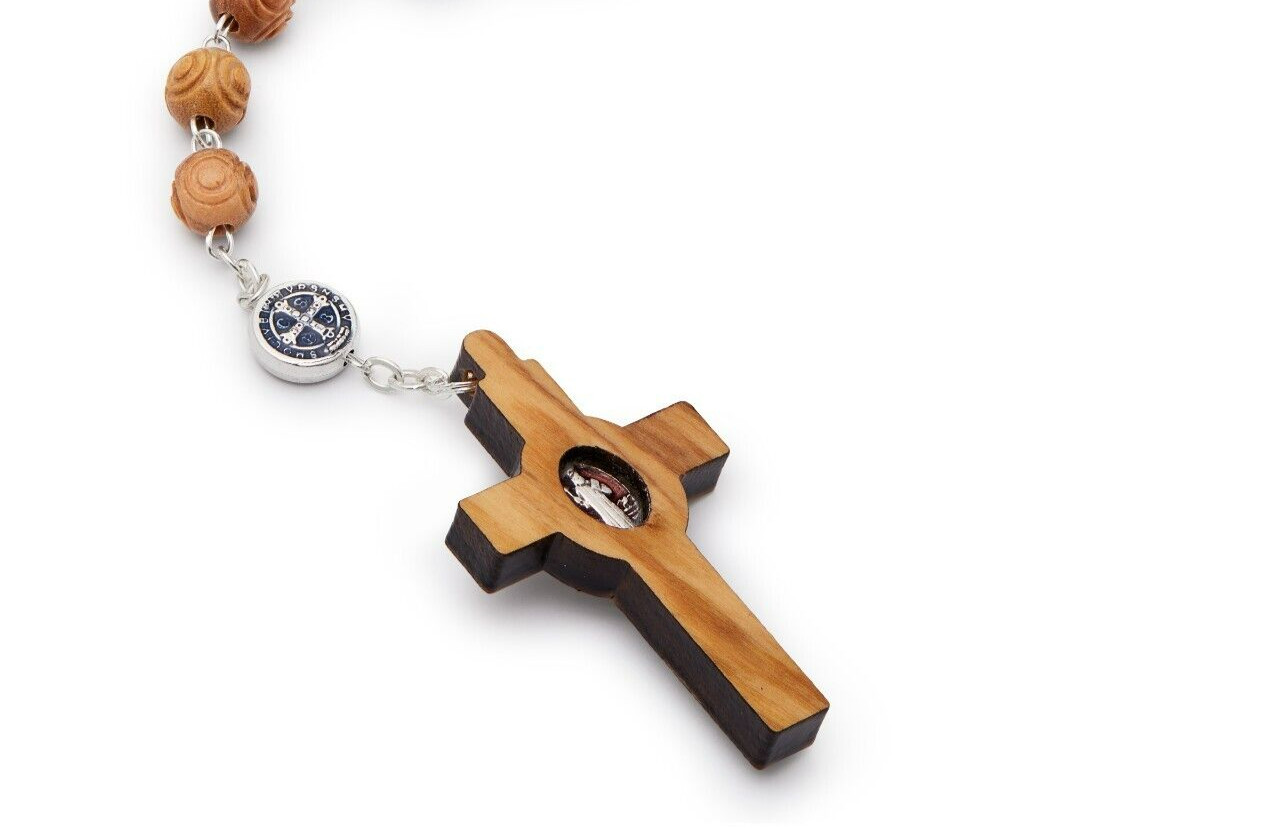 St Benedict Rosary Beads Catholic Olive Wood Medal Cross Blessed By Pope Vatican