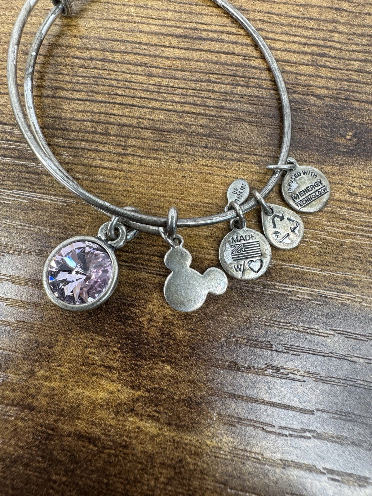 Alex and Ani Disney Mickey Mouse Pink Crystal Charm Bangle Silver Tone