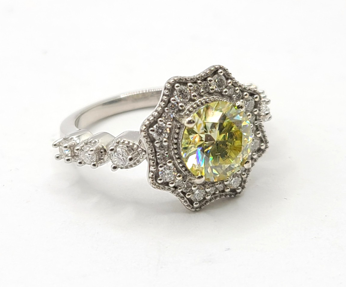 Yellow & White Moissanite 2.30 ctw Sunflower Ring Rhodium Sterling Silver sz 7