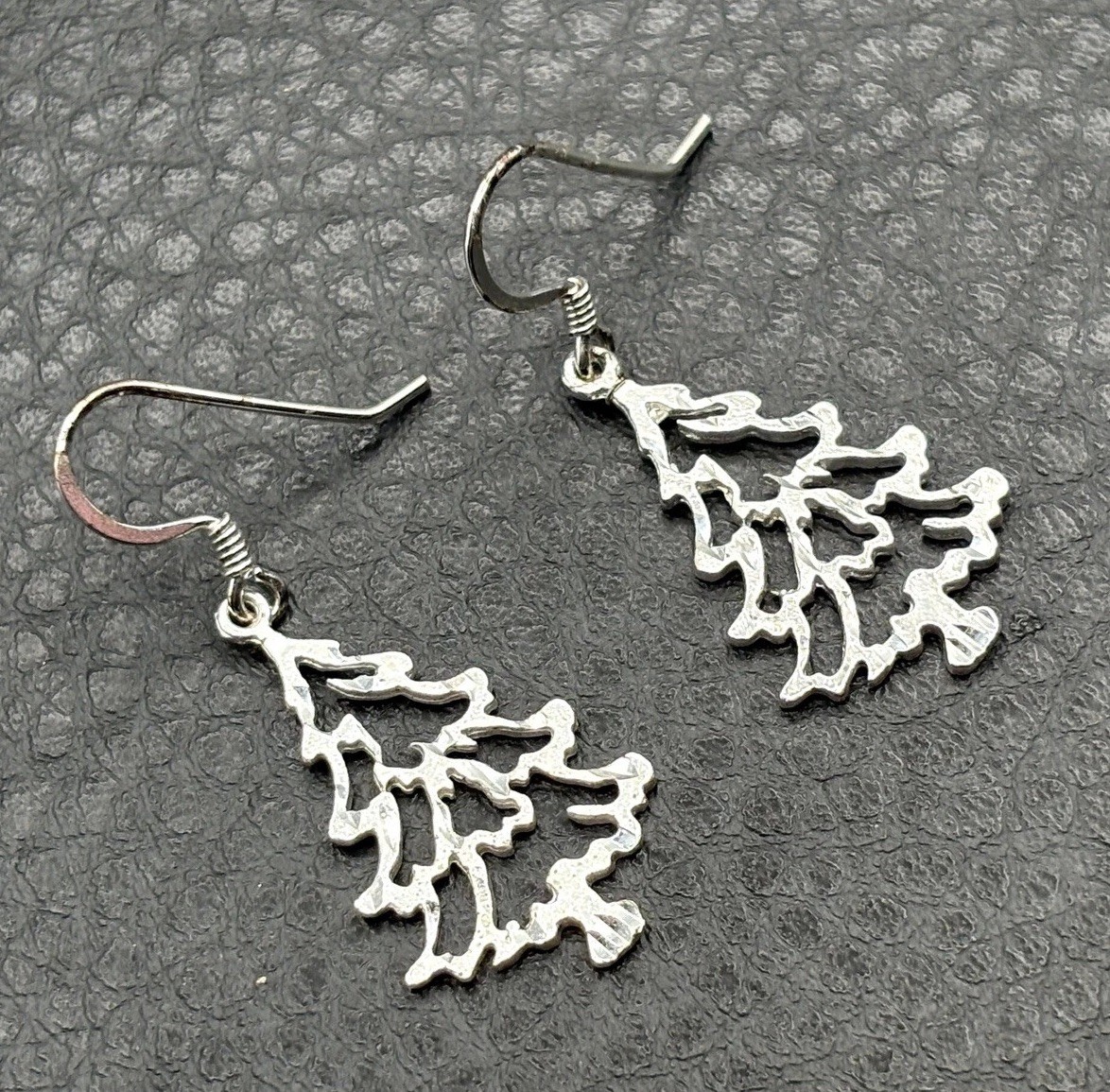 Sterling Silver Christmas Tree Earrings Cut Out Design Holiday Dangle