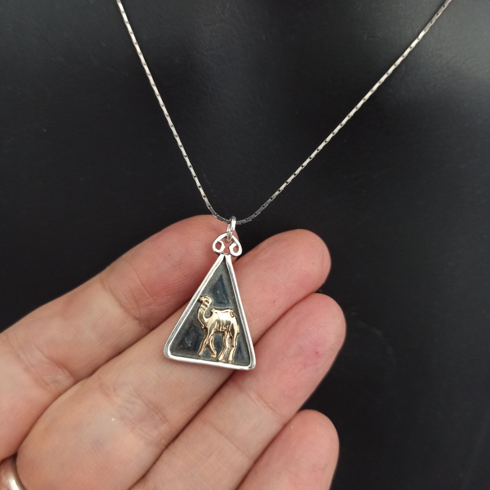 Sterling Silver Camel Necklace Rolled Gold Accents Patina Men Women Israel Gift