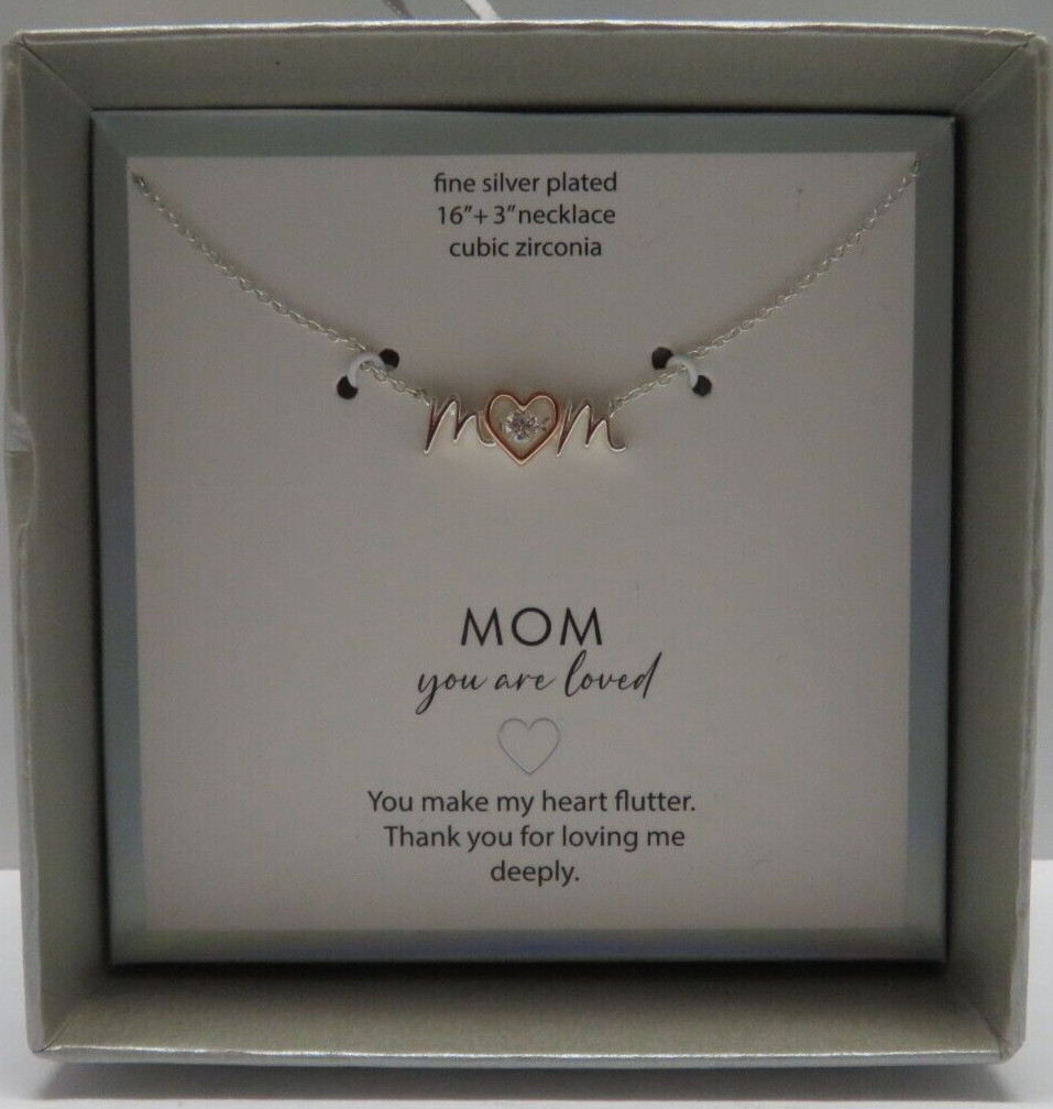 “Mom” Fine Silver Plated 16 in +3″ Extender Necklace Cubic Zirconia