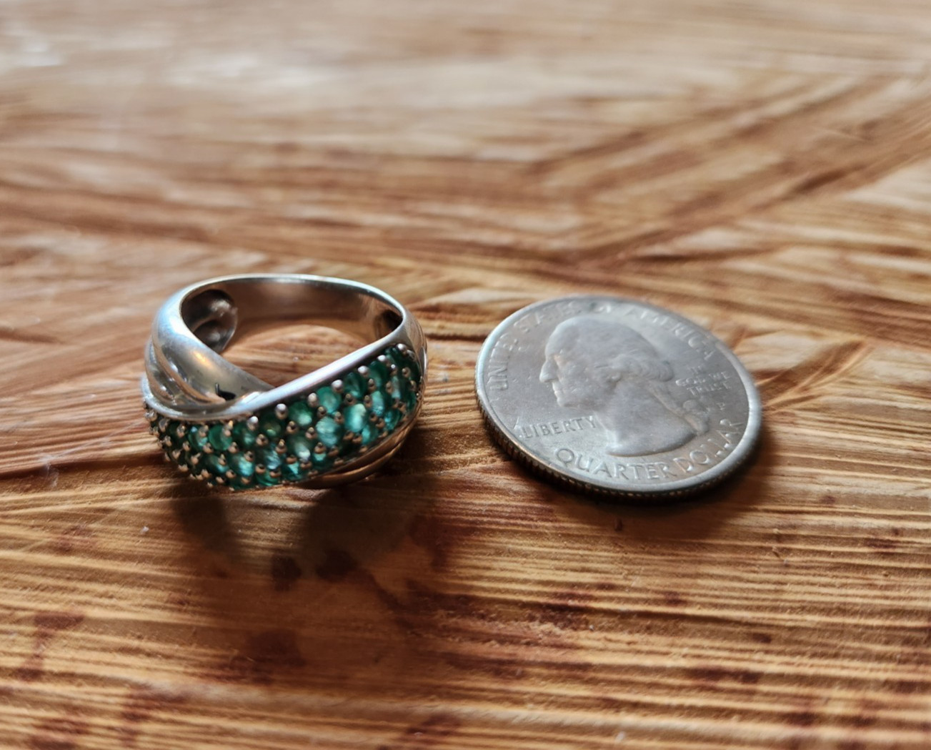 STERLING SILVER 3 ROWS EMERALD CROSSOVER WIDE BAND RING SIZE 7 APPROX. .40 CARAT