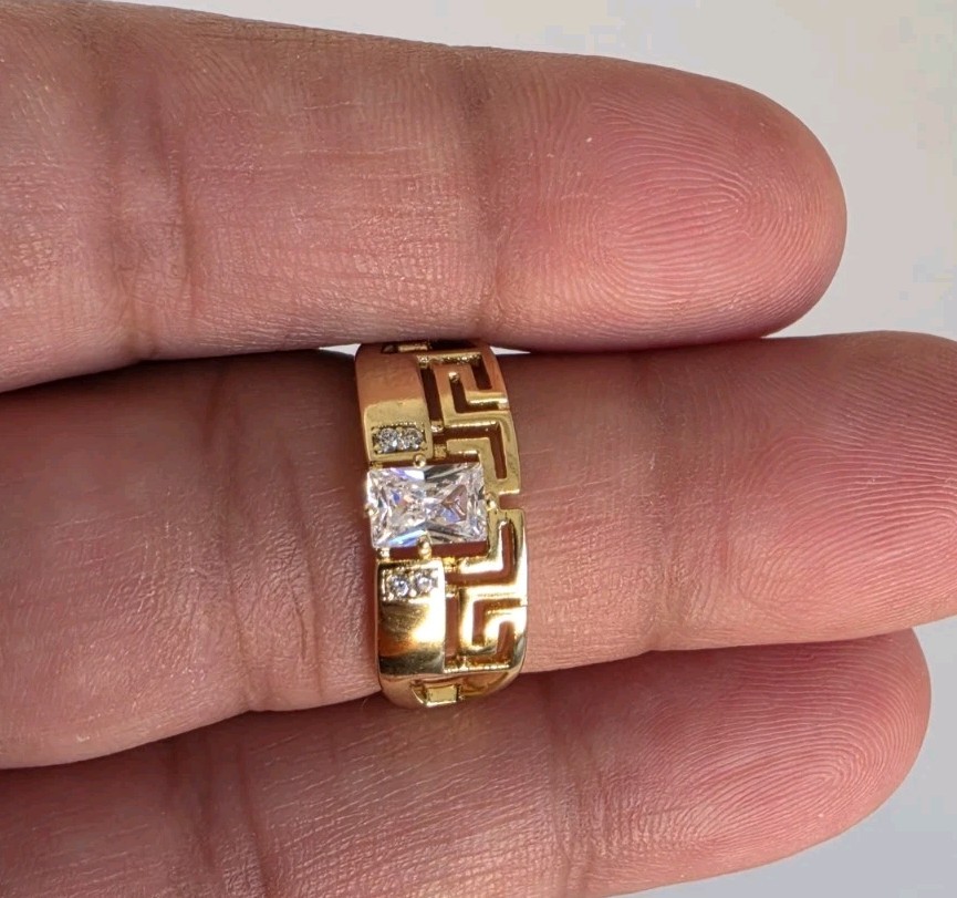 Gold Plated 14K Tone Greek Key CZ Ring Princess Cut Size 7 Statement Band