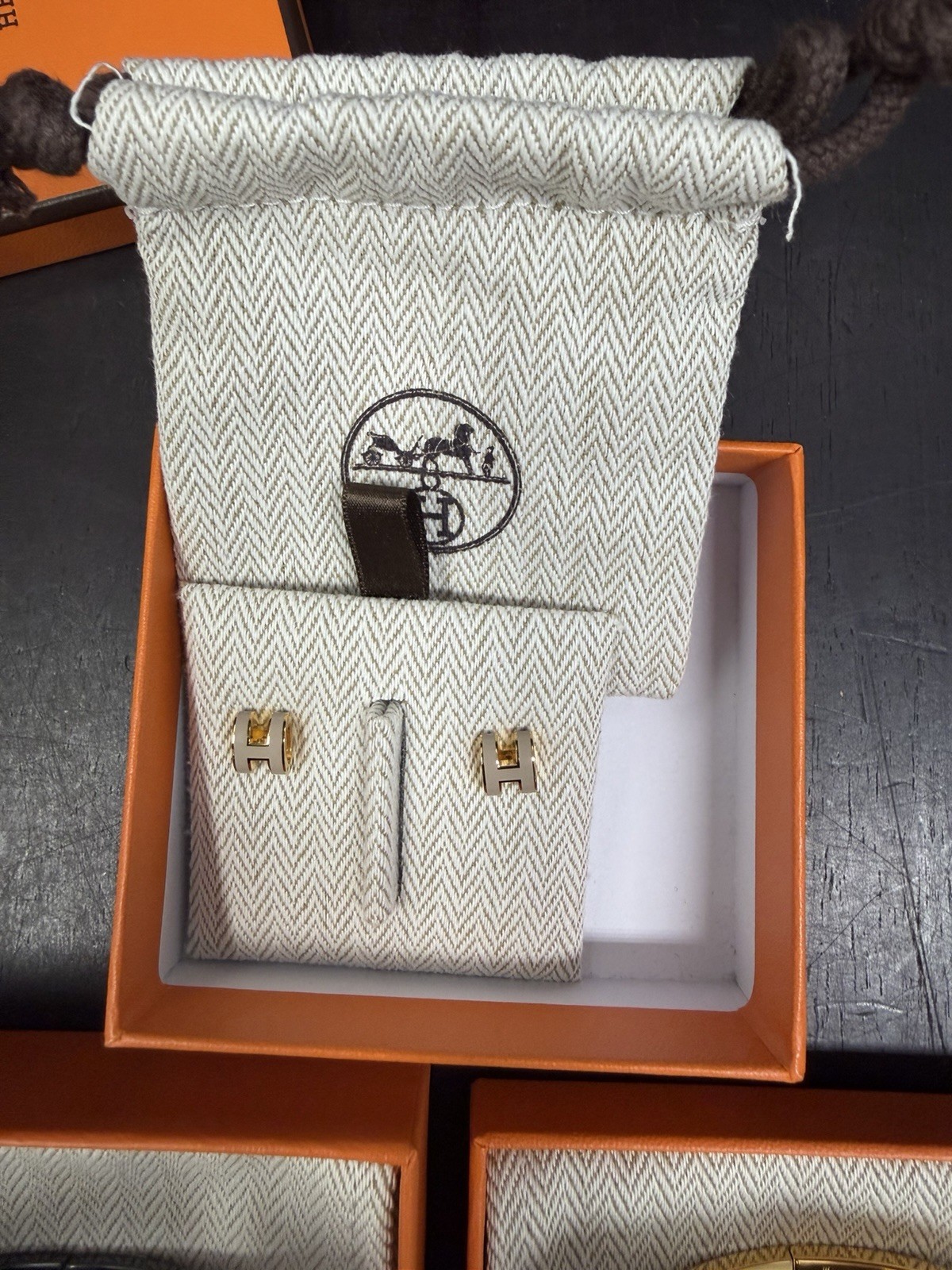 Hermes Mini Pop H Earrings Marron Glace Gold Plated Full Set Authentic