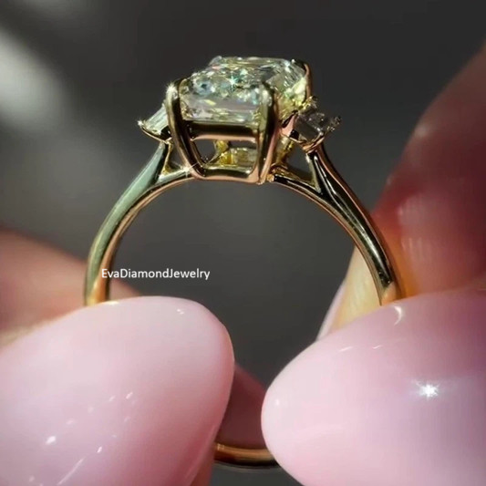 3.7CTW Emerald Cut Moissanite Three Stone Engagement Ring 14K Yellow Gold Plated