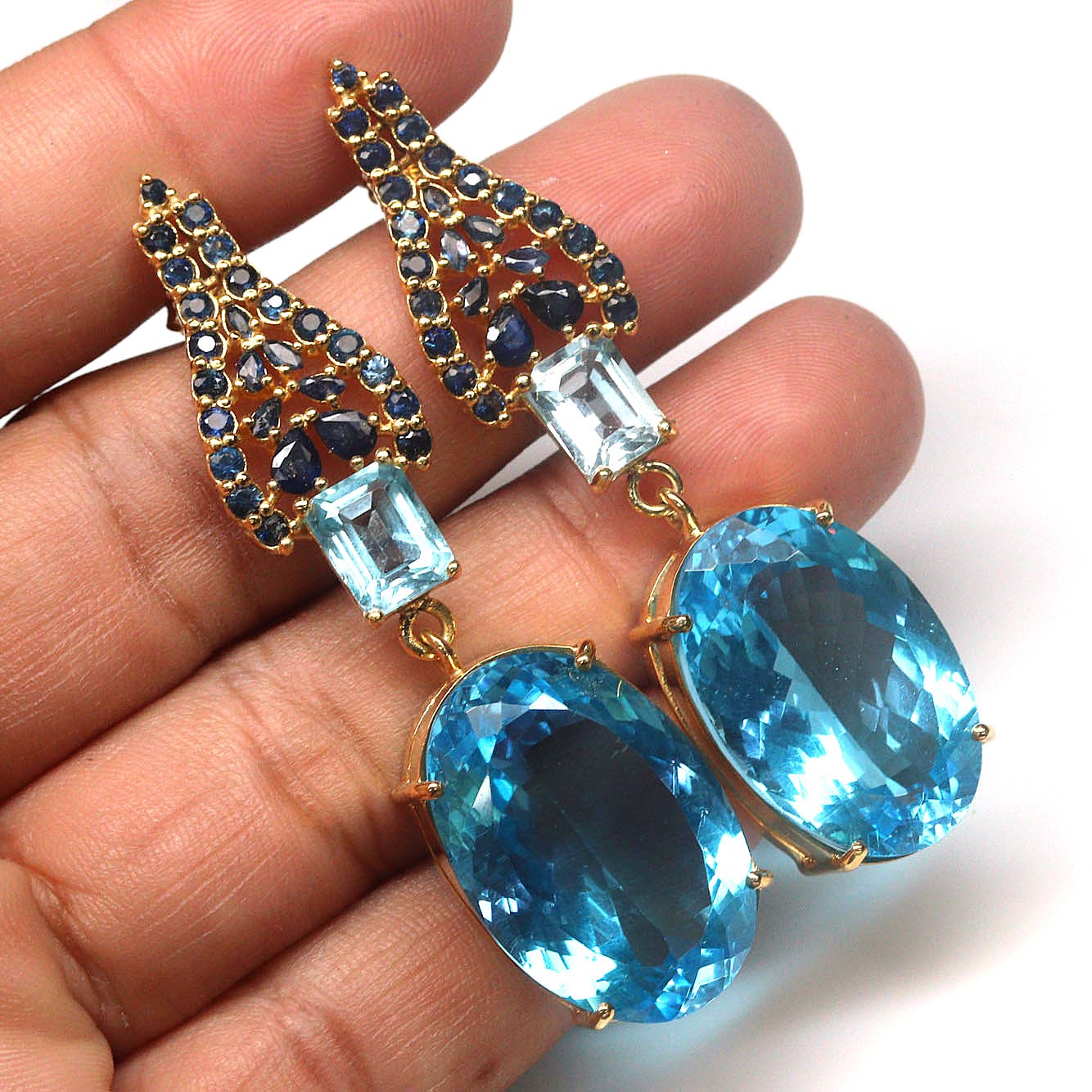 925 Sterling Silver 18 x 26 mm. Swiss Blue – Sky Blue Topaz & Sapphire Earrings