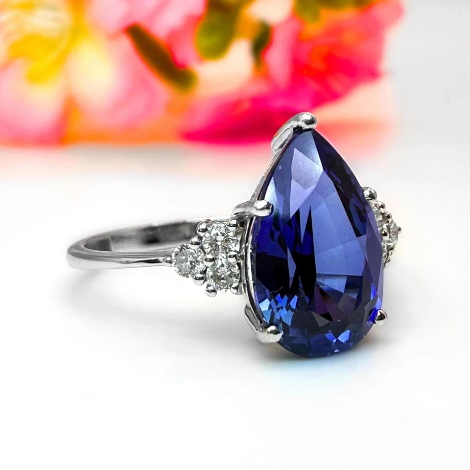 4.80Ct Pear Cut Natural Blue Sapphire & Diamond 14K White Gold Wedding Ring