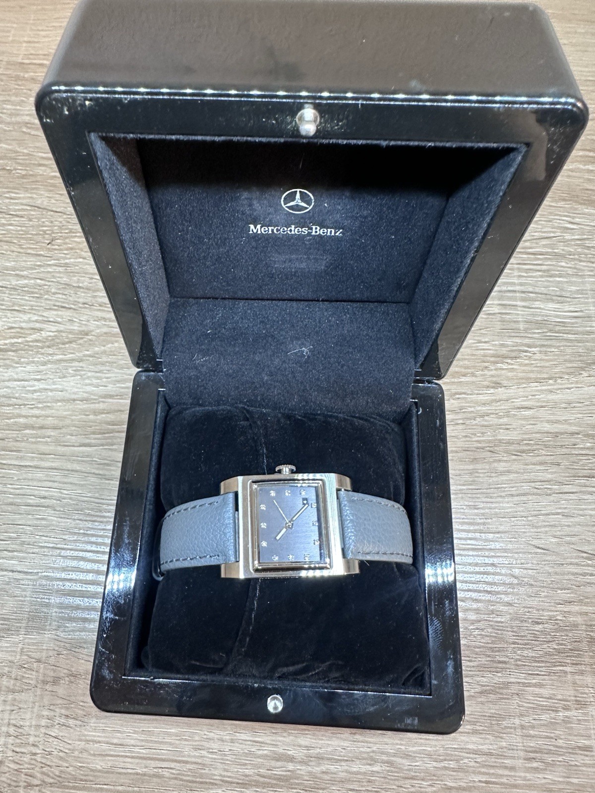 Mercedes-Benz Quartz Rectangle Blue Dial Diamond Markers Gray Leather Watch Box