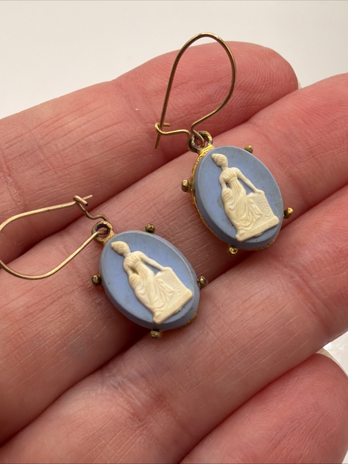 Light BLUE CAMEO EARRINGS Vintage Grecian Roman Woman Oval Hanging Wire Goldtone