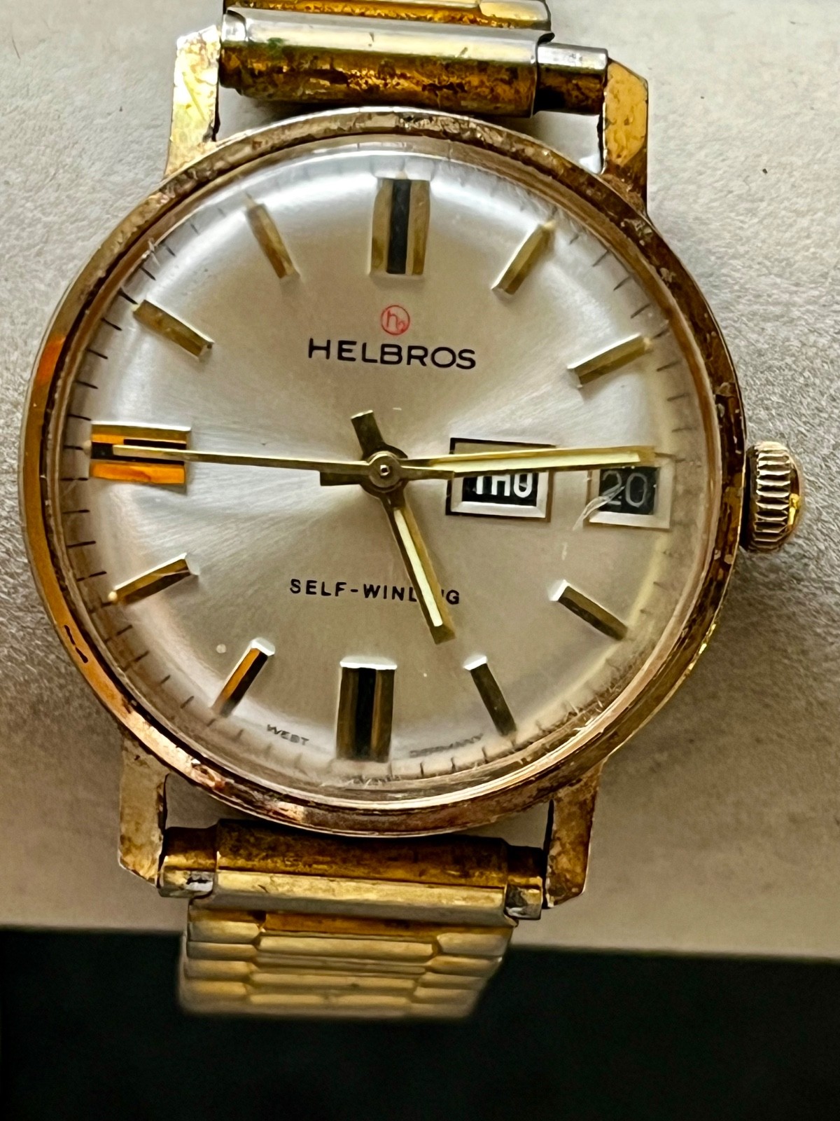 VINTAGE HELBROS WATCH AUTOMATIC DAY DATE SUNBURST GOLD PLATED MEN’S WEST GERMANY