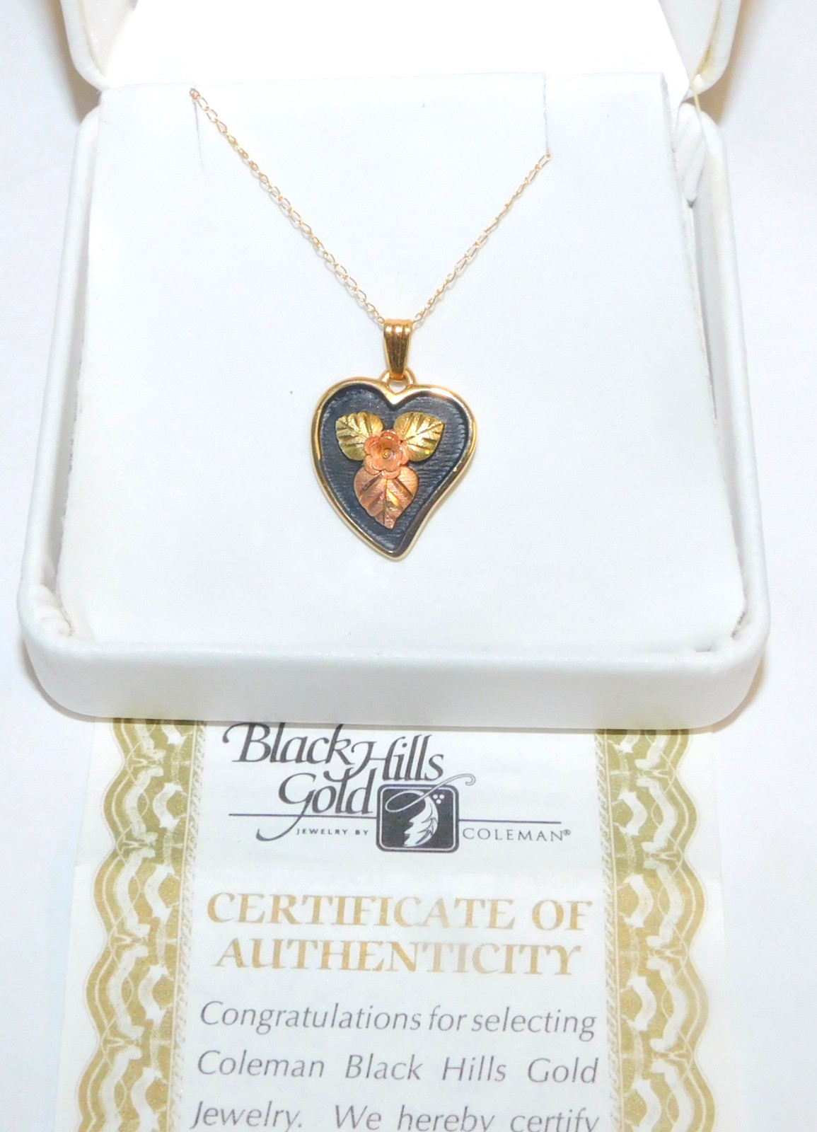 Black hills gold 10k Rose Heart Leaves Antiqued Enamel Pendant 10k Chain