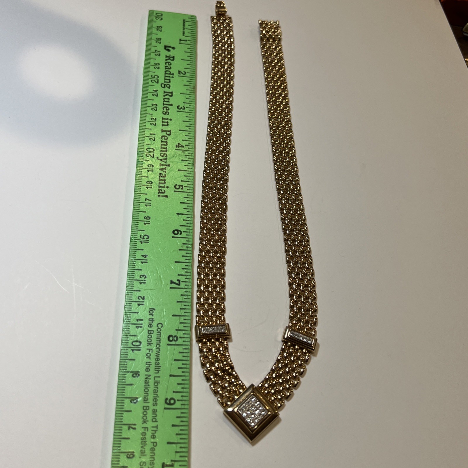AVON Brick Chain Design V Shape Pave Rhinestone Push Lock Gold Tone 18”Necklace