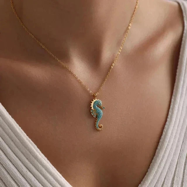 1Ct Round Cut Lab Created Turquoise Sea Horse Pendant In 14k Yellow Gold Plated