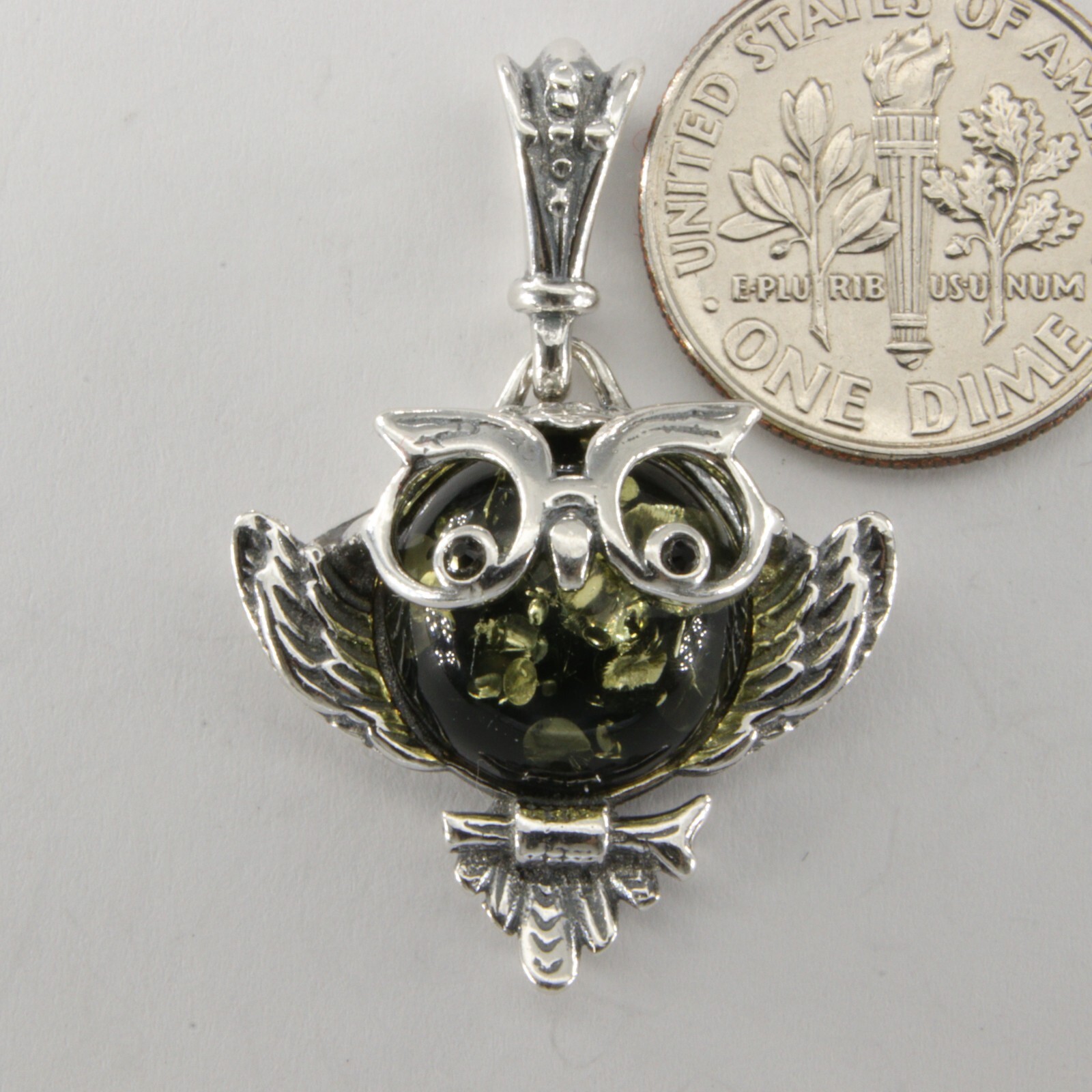 Green BALTIC AMBER Smart Owl Pendant 925 STERLING SILVER Poland #3512e