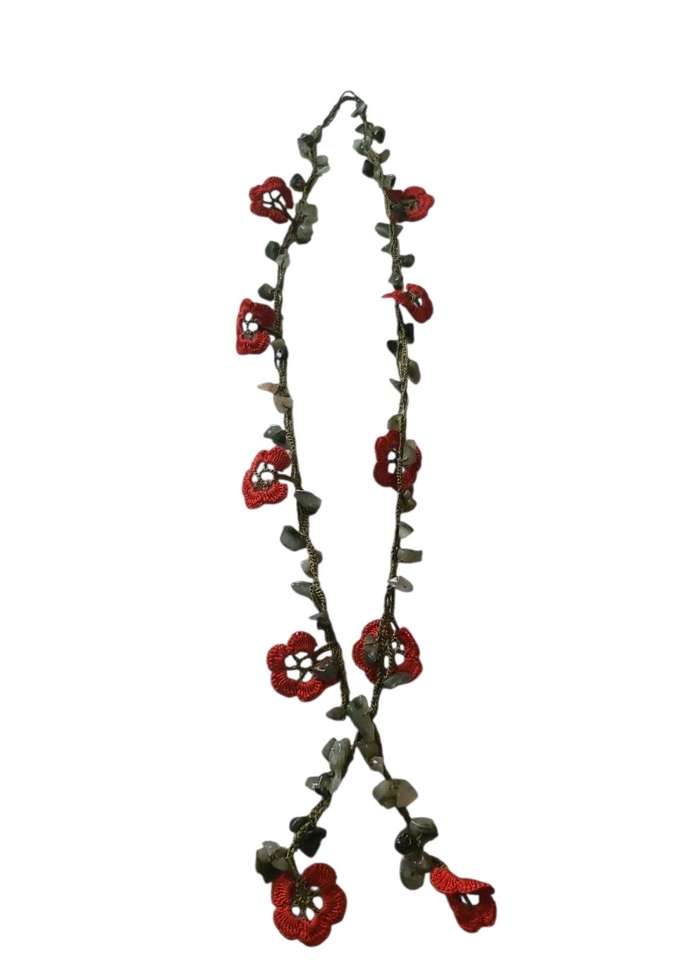 Red Flower Crochet Necklace With Jade Stone, Turkish Jewelry