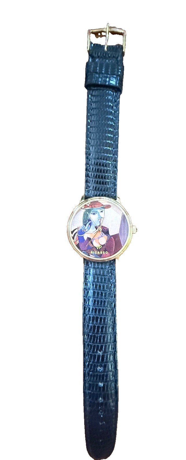 Vintage VP Picasso Art Watch 32mm Gold Black Lizard Strap Quartz. New Battery