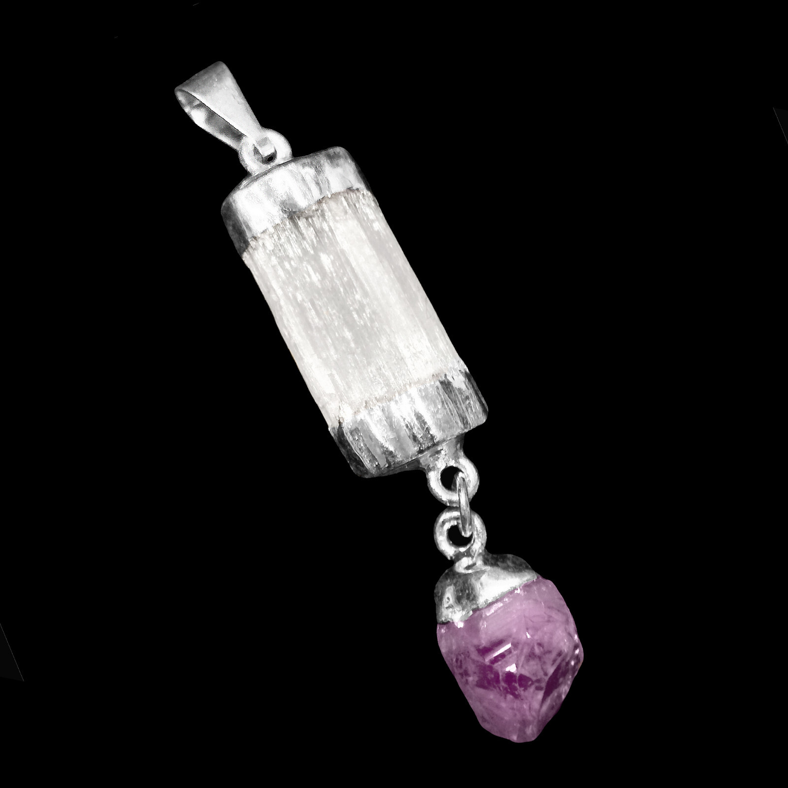 Selenite Amethyst Chakra Crystal Pendant CHARGED 925 Sterling Silver Necklace He