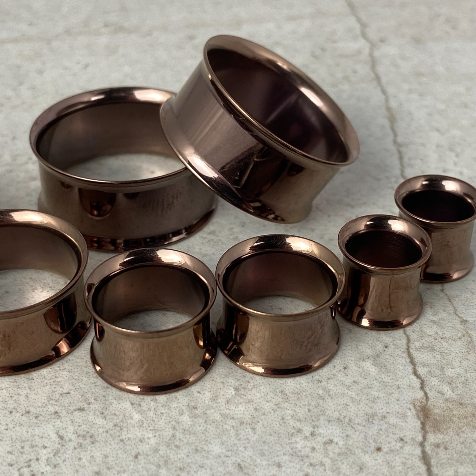 Pair of CHOCOLATE GOLD Steel Double Flare Tunnels set gauges plugs PICK SIZE