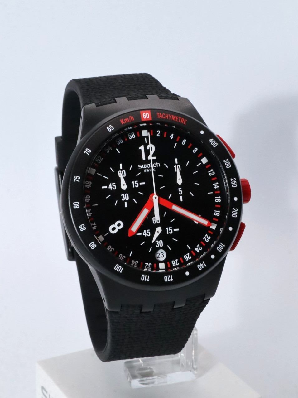 Swiss Swatch Originals STAND HALL Black Chrono Silicone Date Watch 42mm SUSB411