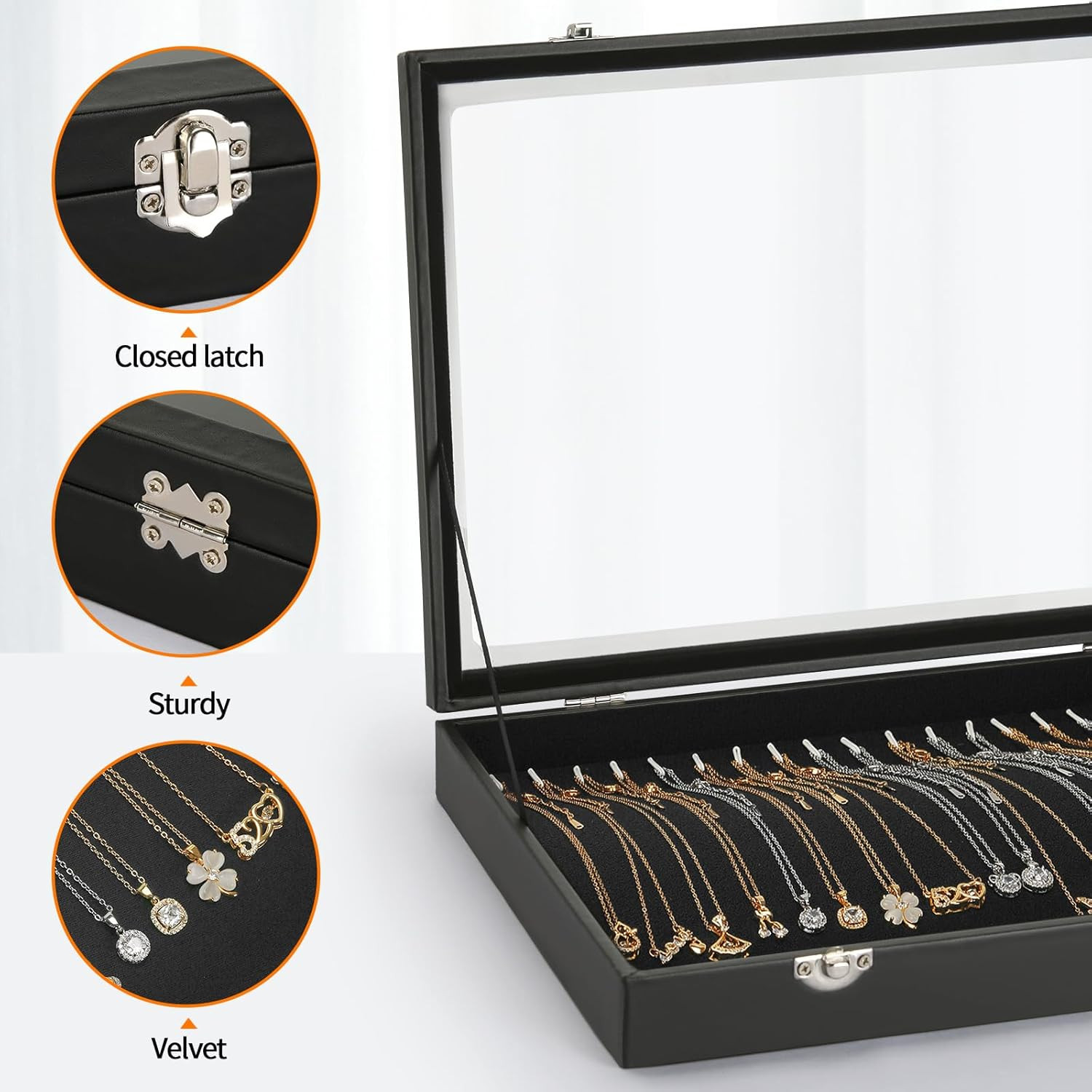 Necklace Organizer Box, 20 Hooks Jewelry Pendant Display Tray with Clear Lid for