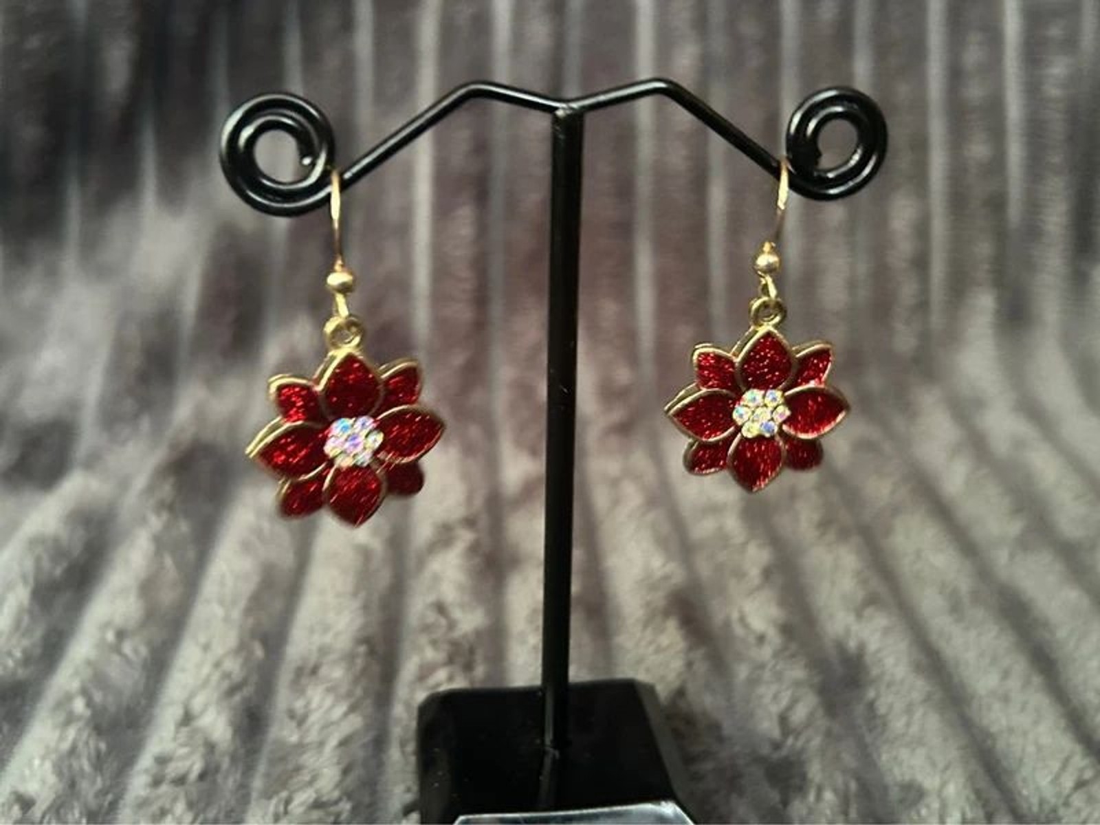 Gold Tone Red Enamel Flower Drop Earrings Crystal Rhinestone