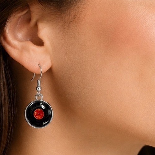 Retro Vinyl Record Dangle Earrings Black Red Music Lover Jewelry Silver Tone