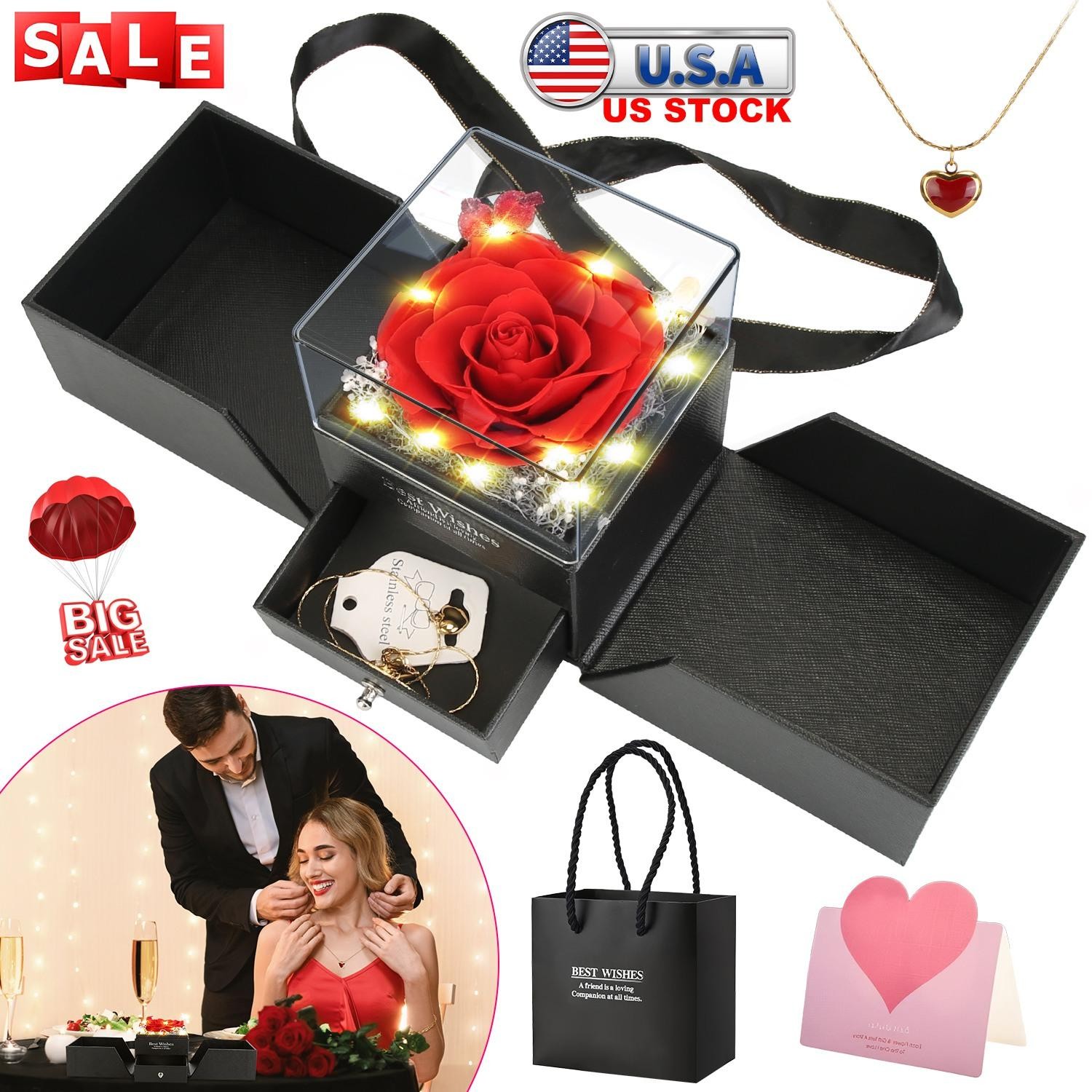 Preserved Red Real Rose w/ Heart Necklace Eternal Flowers w/ Golden