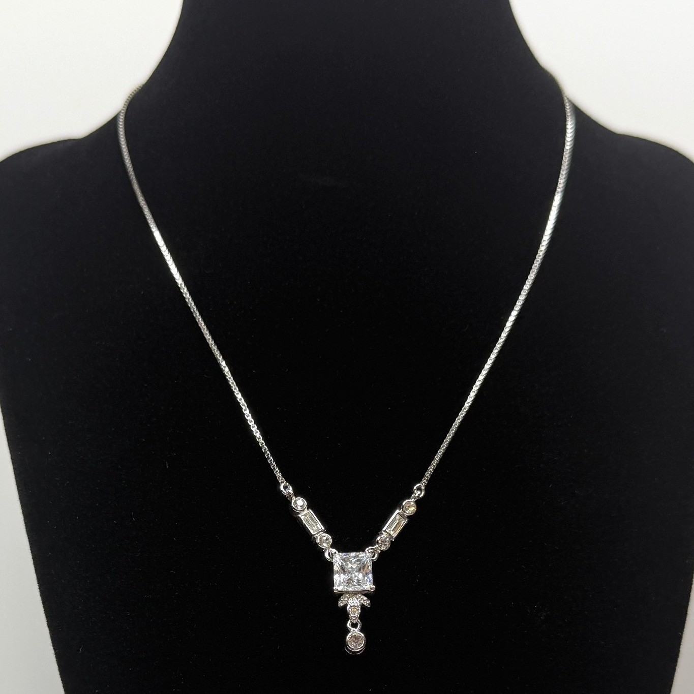 Princess Cut Cubic Zirconia CZ Y Drop Pendant Necklace Silver Tone Jewelry 8.5in