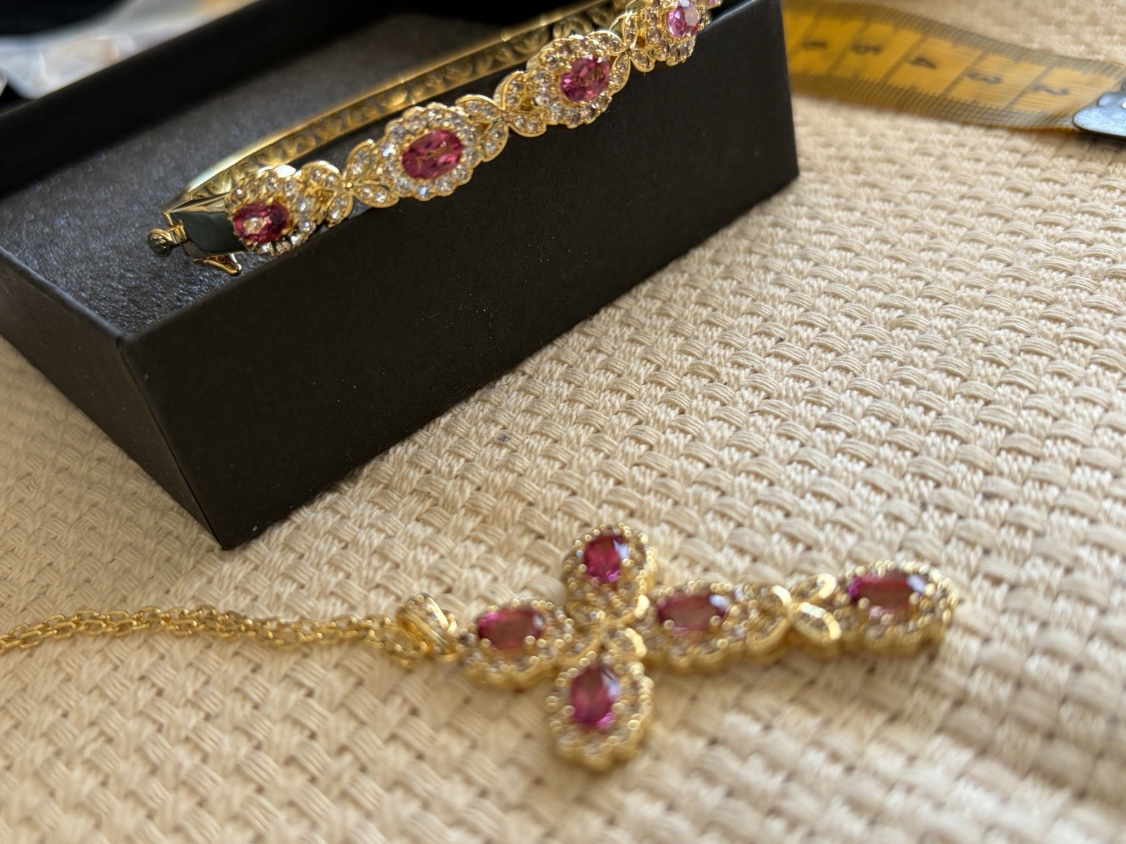 Woman’s Pink Mystic Topaz 18K Gold Plated Cross Necklace Bracelet 7.36ctw