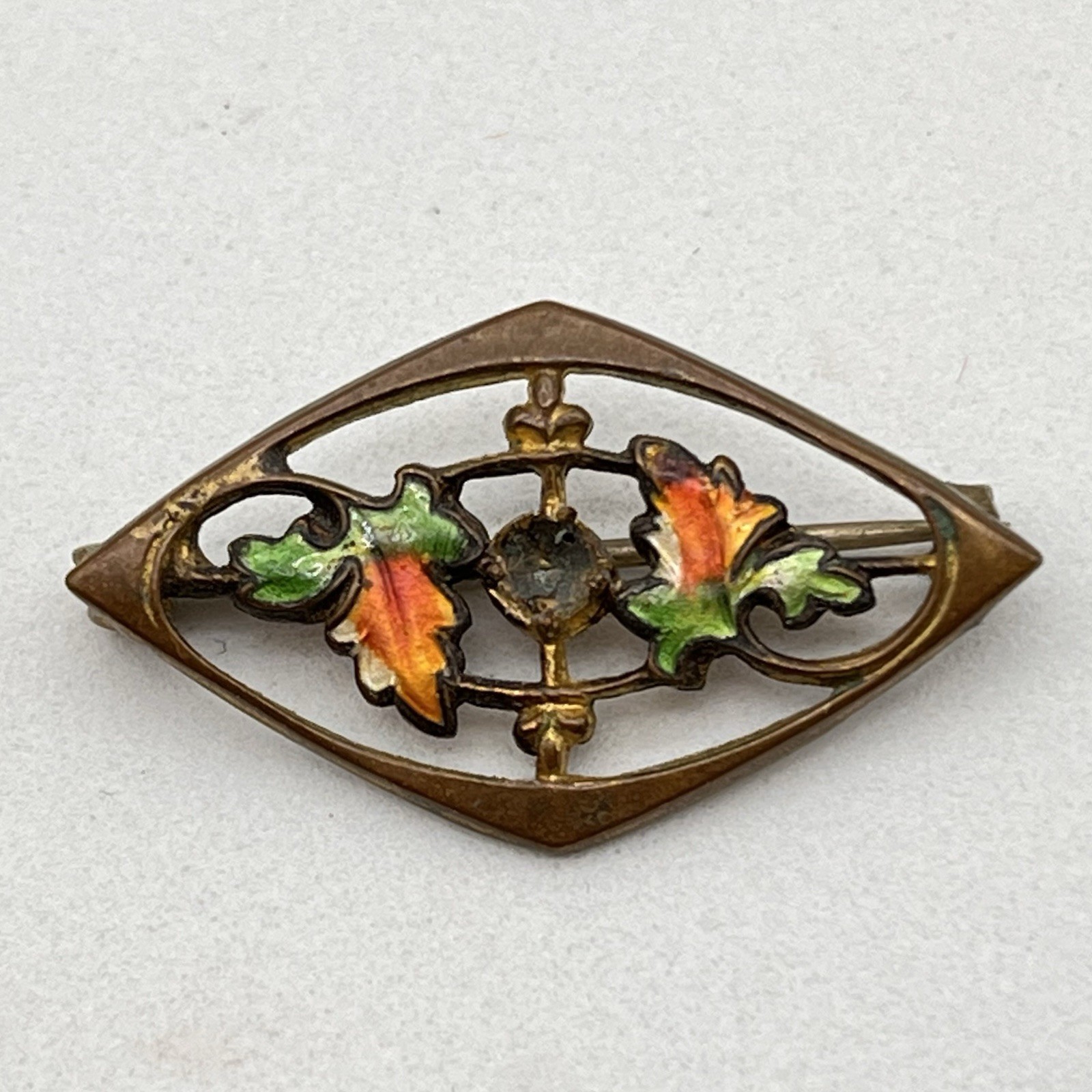 Vintage Brooch Lot 2 Enamel Leaf Brass Tone Oval Rhinestone Rose C Clasp AS IS