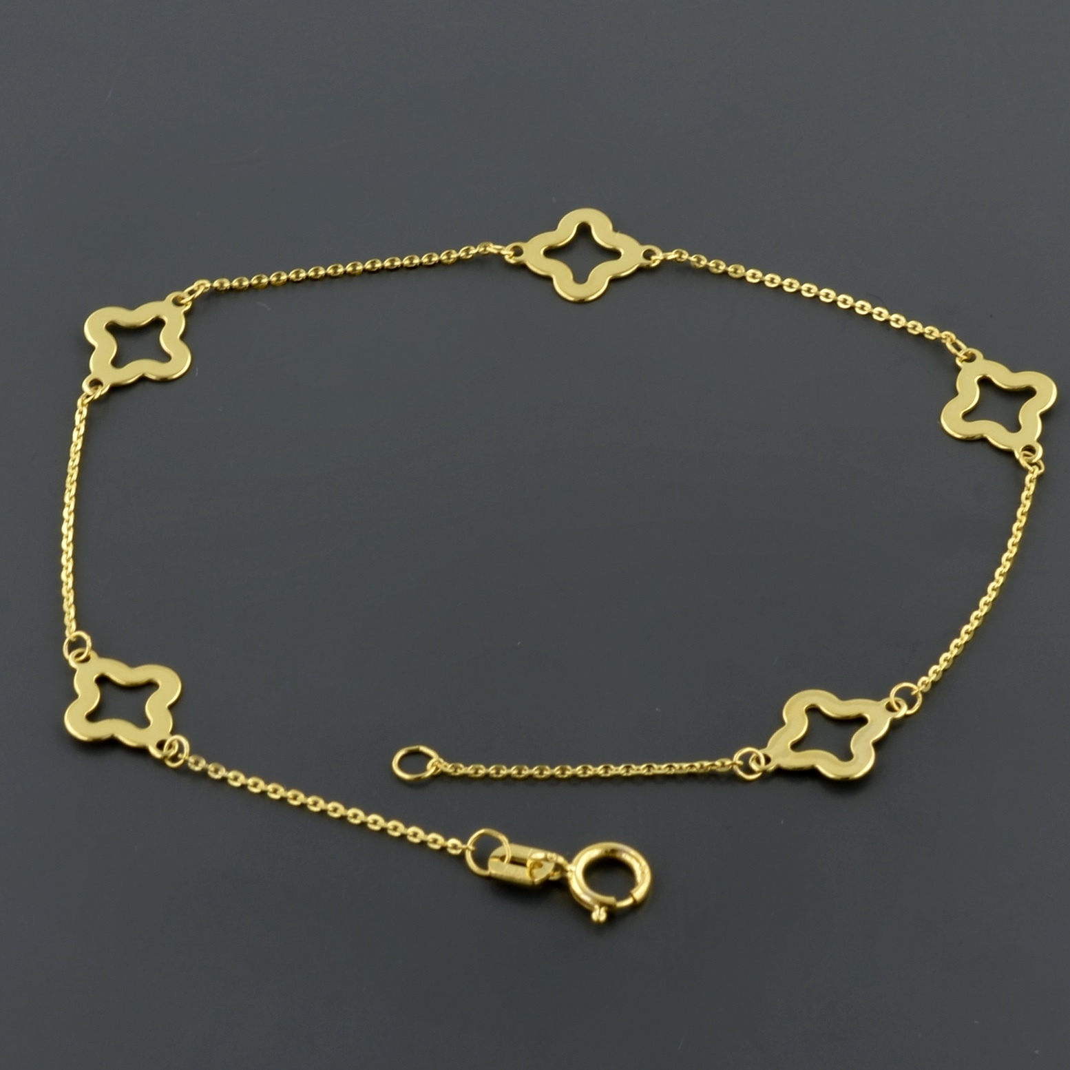 10K YELLOW GOLD FLAT CABLE LINK 7.5″ BRACELET W/ 5 CLOVER FLOWER STATIONS