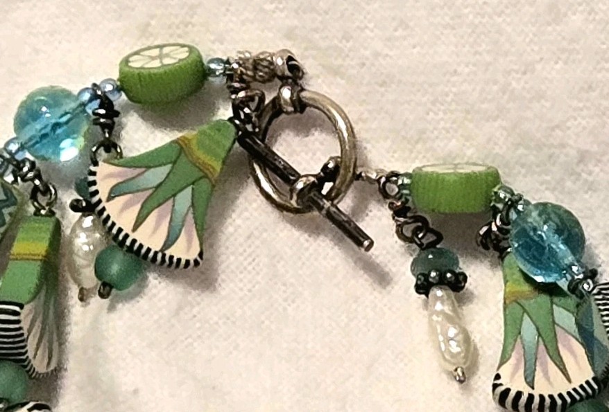 ​Designer Boho Chic Green Millefiori & Pearl Dangle Charm Toggle Bracelet