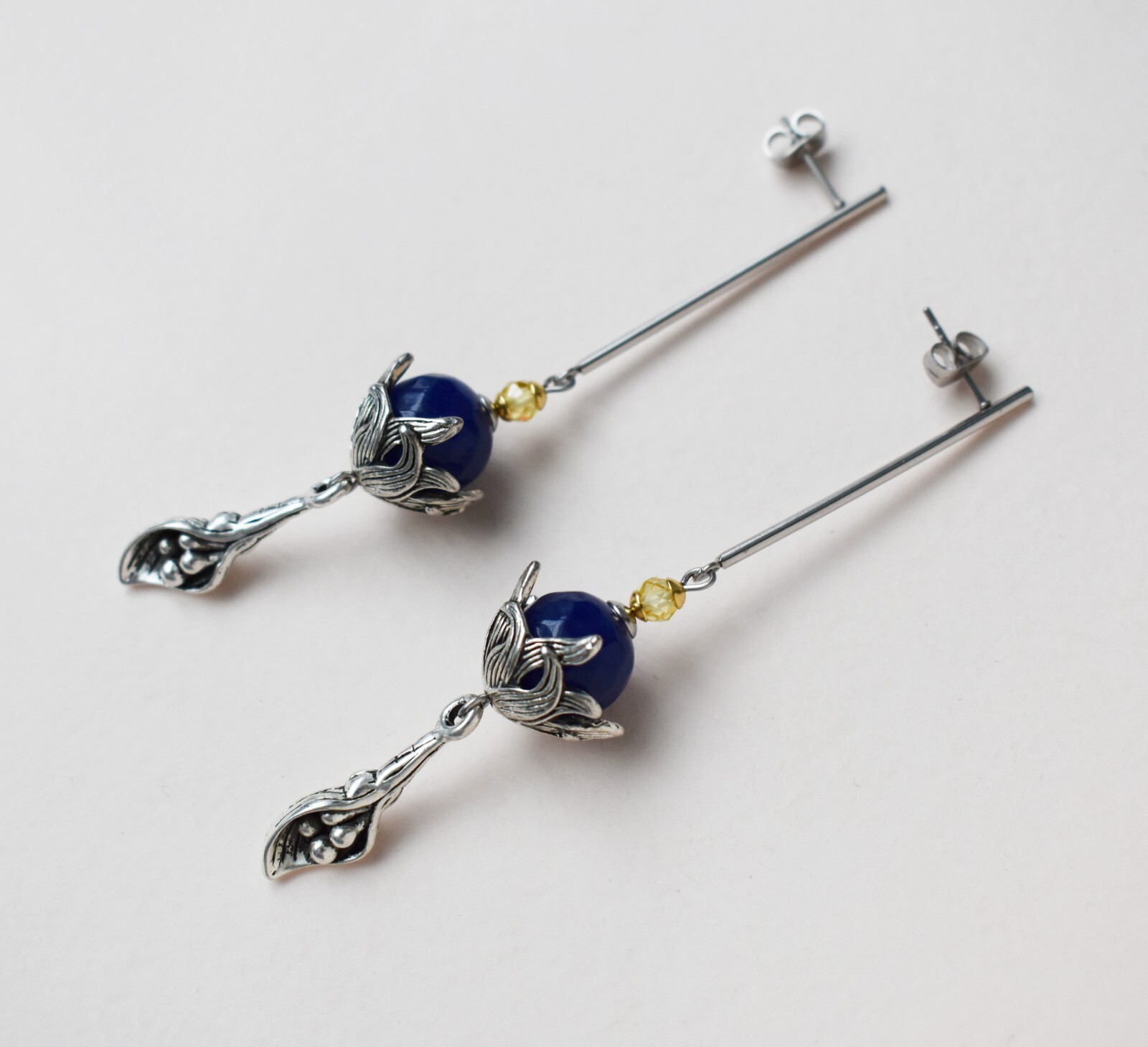 Long massive earrings silver tone, unusual floral dangles
