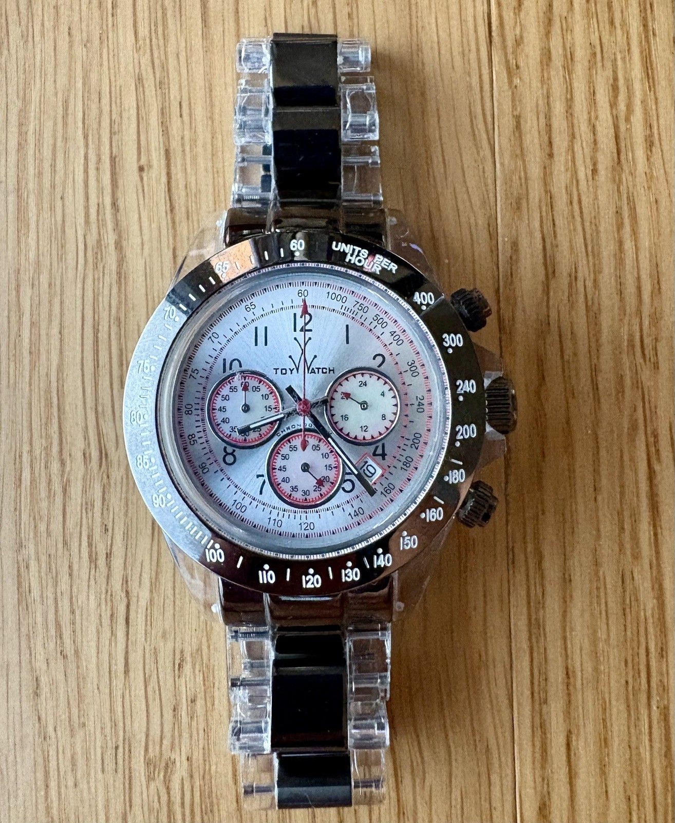 Toy Watch Chronograph 41mm Silver & Red Dial, Clear & Steel Band w/New Battery