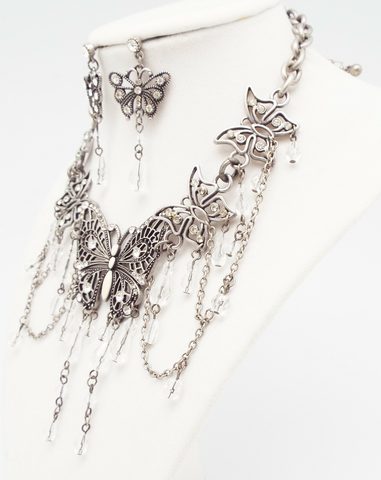 DESIGNER INSPIRED 17 in WHITE MULTI CRYSTAL ENAMEL BUTTERFLY JEWELERY SET NEW