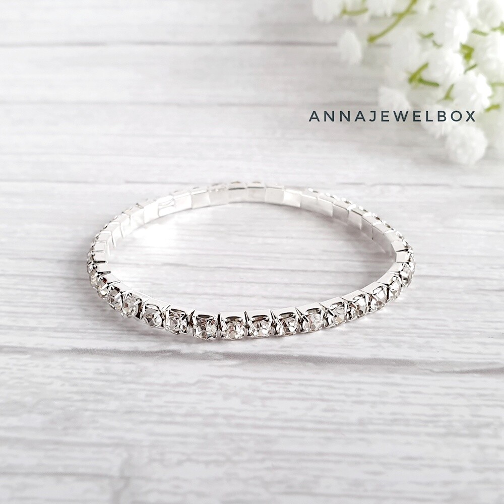 Women Sparkle Silver Crystal Elasticated Stretchy Bracelet 1 2 Rows S M L Bling