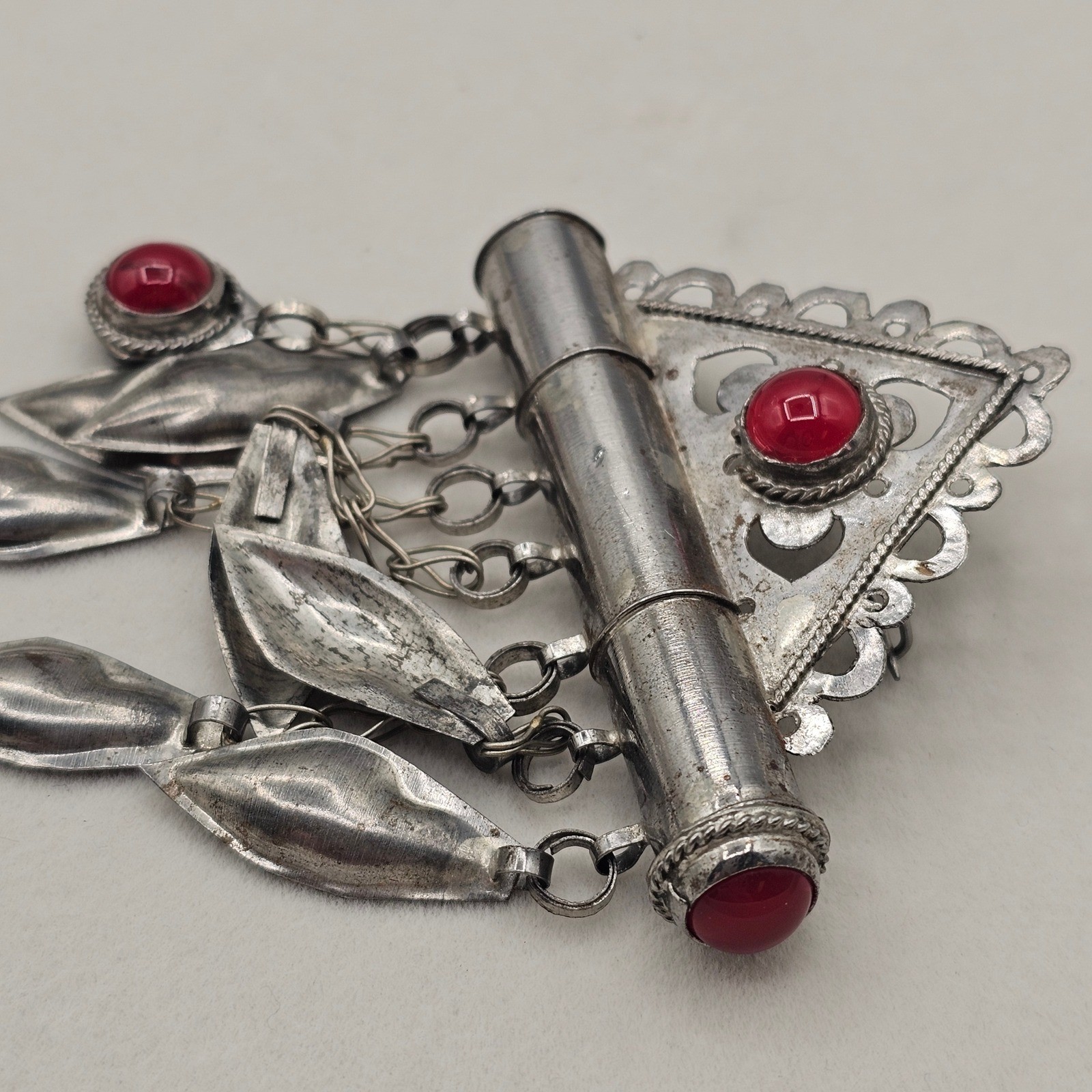 Vintage Turkman Tumar Amulet Pin Tube Verse Holder Red Glass Cabochons