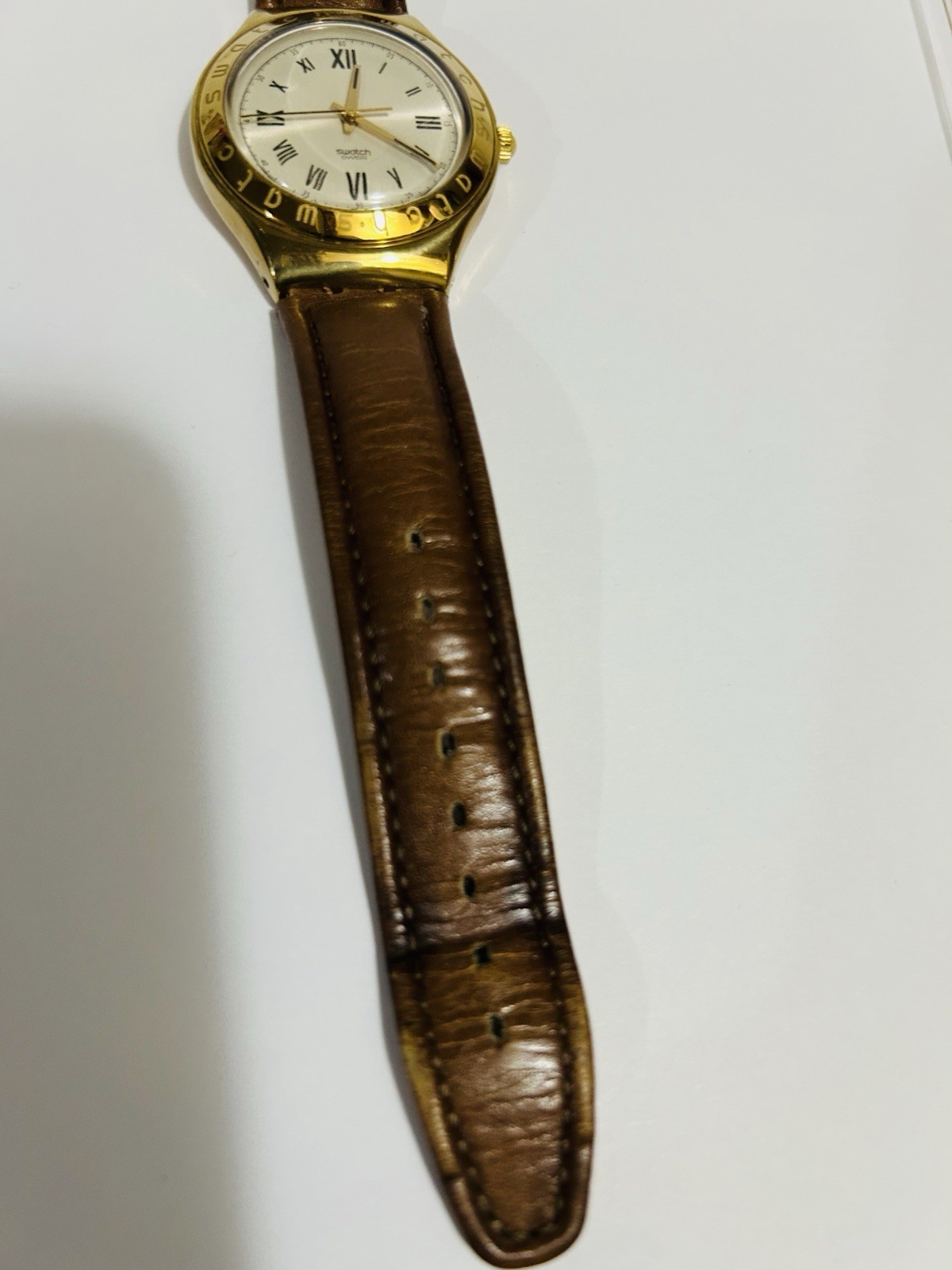 Swatch Swiss Lot of 2 Quartz Gold Tone Roman Dial Leather Strap Watches