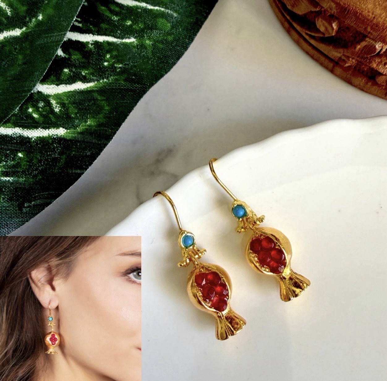 Mini Pomegranate Earrings Red Stone Seeds Blue Stone Gold Fruit Jewelry Gift NEW