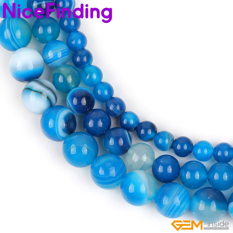 Natural Round Blue Smooth Sardonyx Agate Banded Beads For Jewelry Making 15”