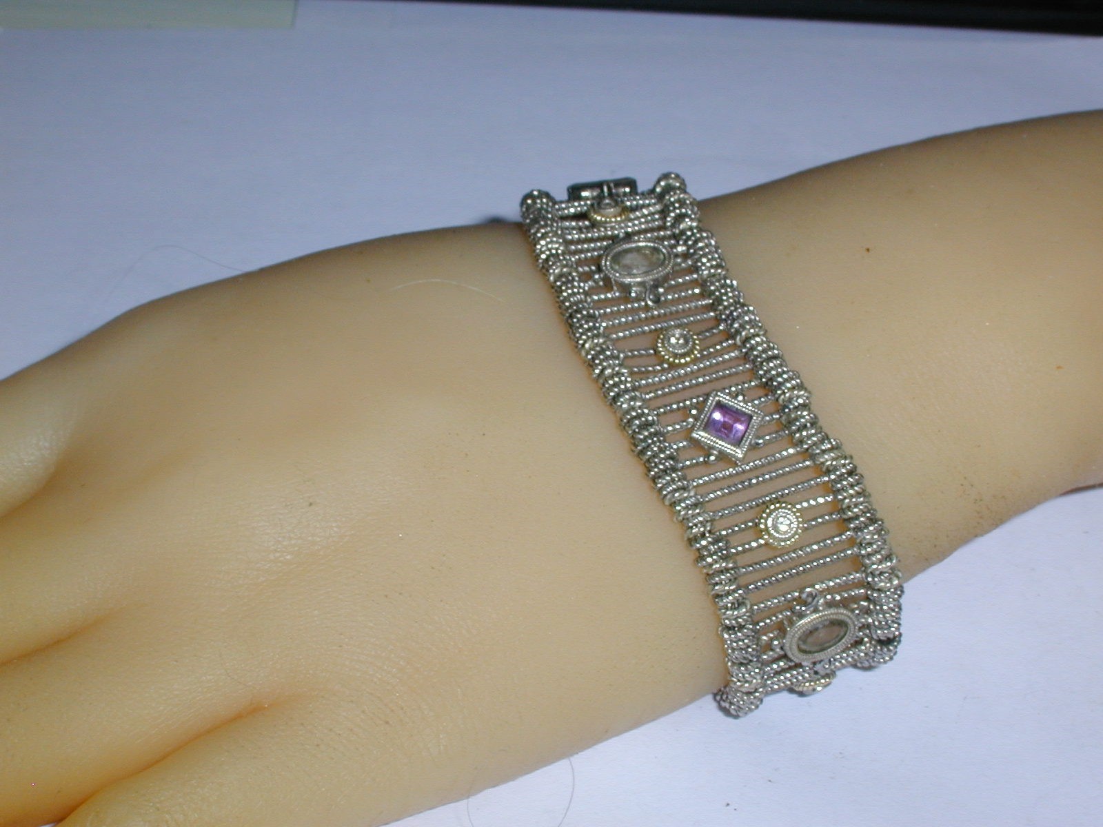 AMAZING- GABRIEL & CO STERLING 18K GOLD DIAMOND AMETHYST AQUAMARINE BRACELET-7.5