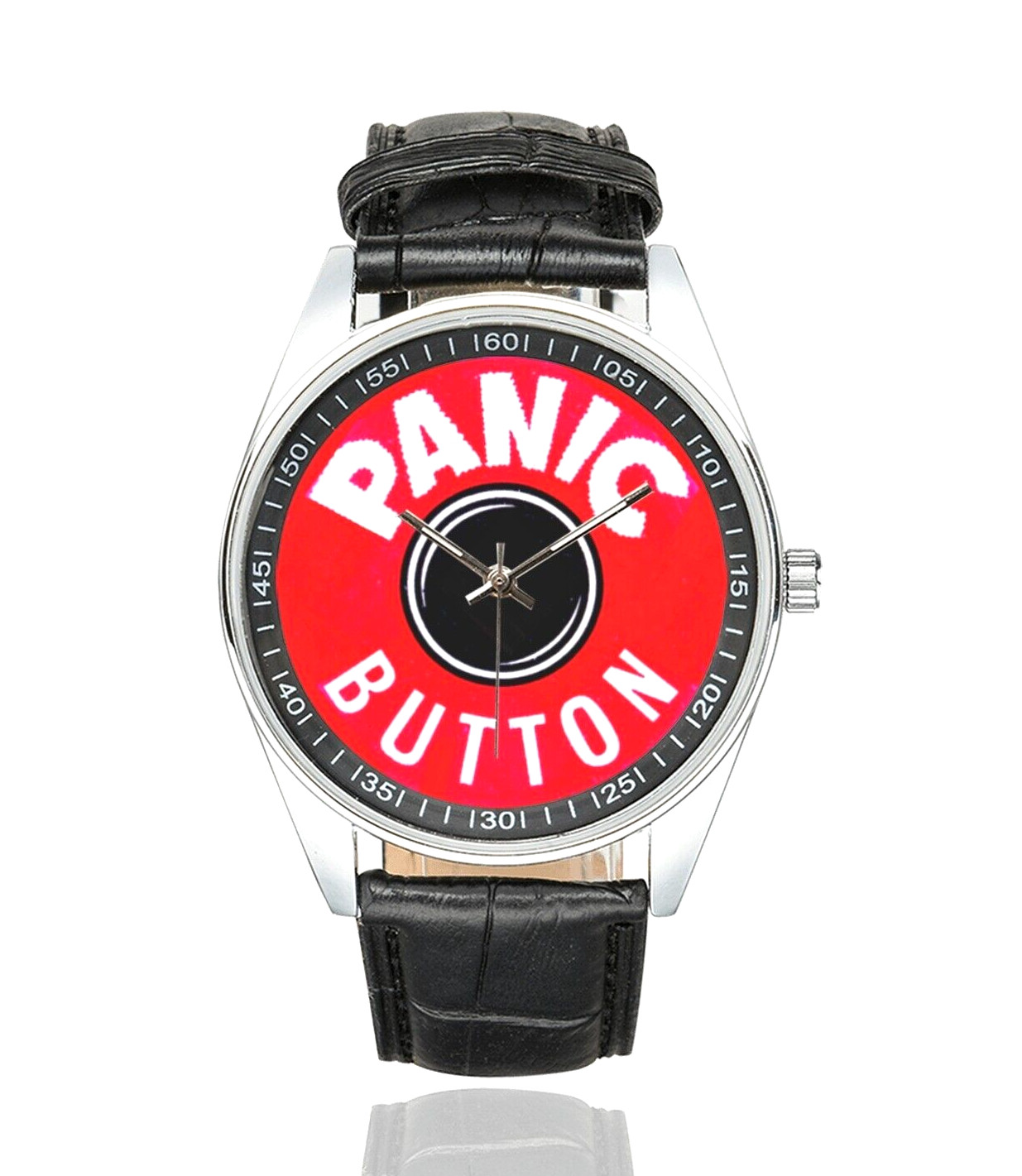 PANIC BUTTON Watch by MAD, Stainless Steel, Black Faux Leather, Splash Proof