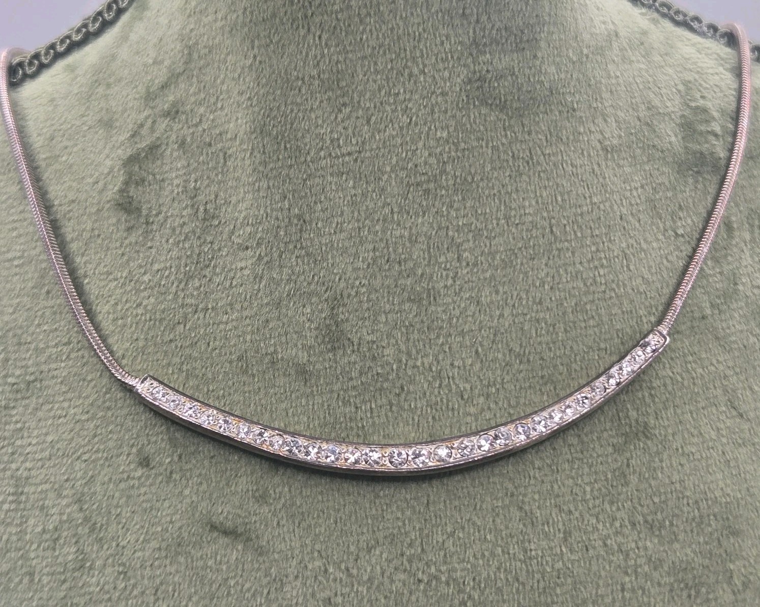 Vintage Necklace Curved 3″ Bar Small Pavé-set Stones on Rope Chain • Silver Tone